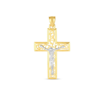 Colgante de cruz de oro de dos tonos de 14k con acabado pulido brillante y corte de diamante