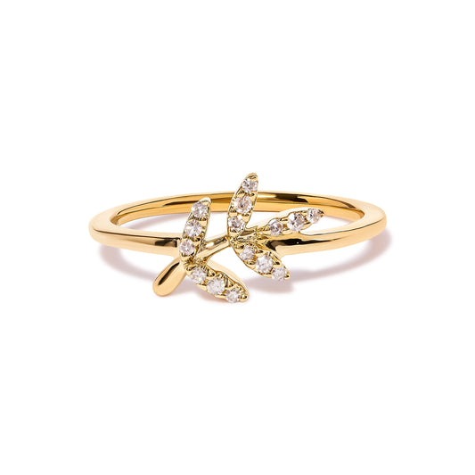 Anillo de Oro Amarillo de 10K con Hoja y Rama de Diamantes de 0,10 ct. (Color H-I, Claridad I1-I2) - Talla de Anillo 7