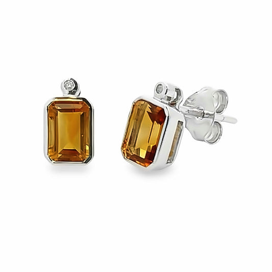 Pendientes de tuerca con citrino de 1.09ct y diamantes en oro blanco de 10KT