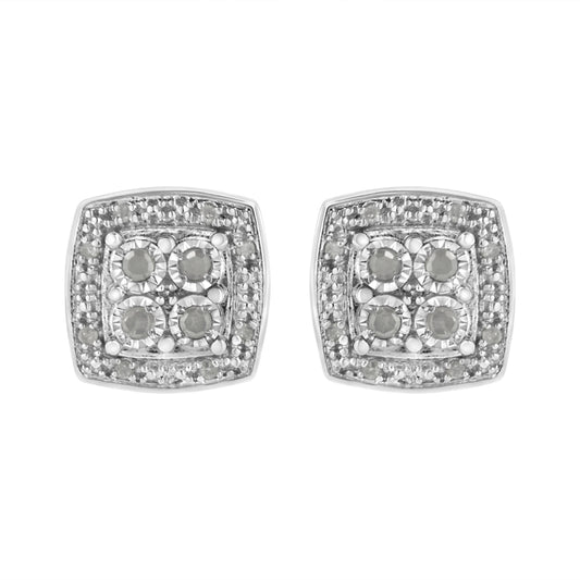 Pendientes de botón de plata de ley 925 con diseño cuadrado de diamantes de talla redonda de 0,25 ct. y milgrain (color I-J, claridad I3)