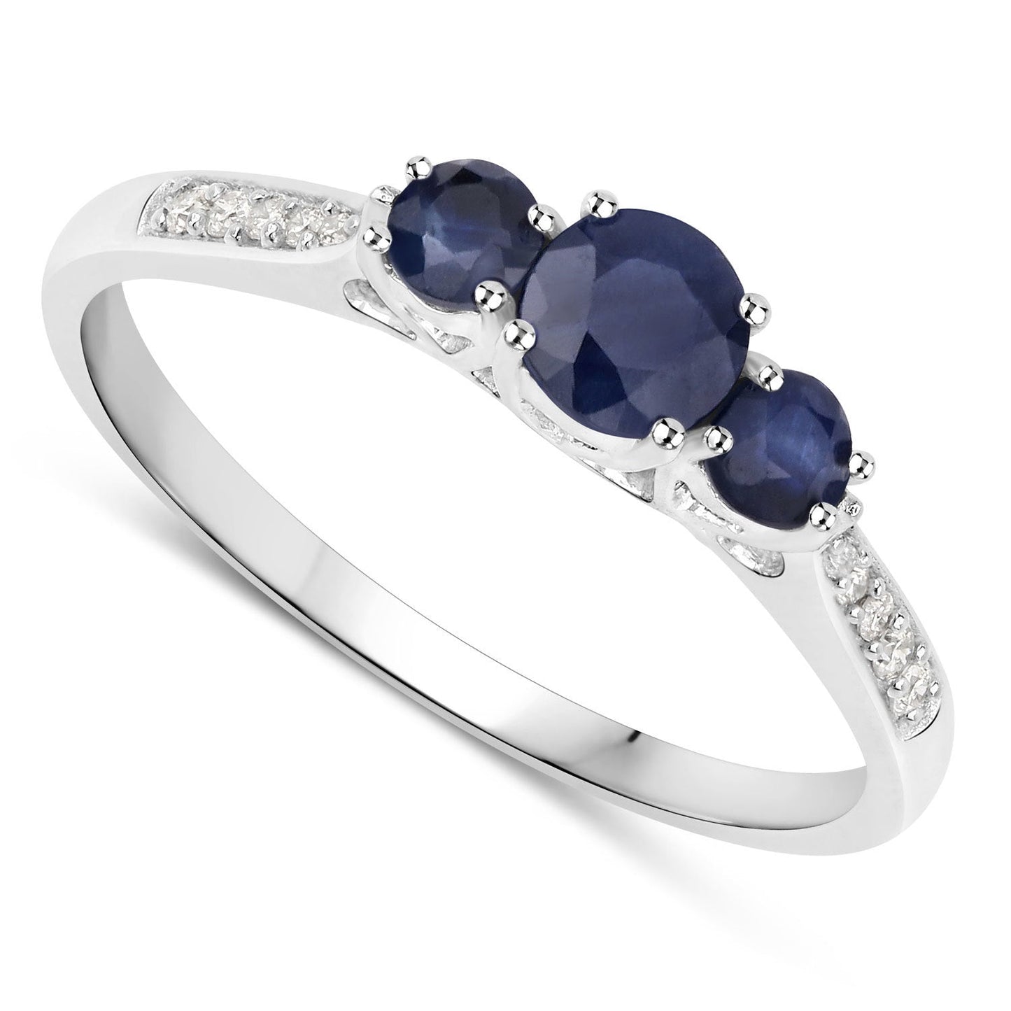 Anillo de oro blanco de 14K con zafiro azul genuino de 0,56 quilates y diamantes blancos