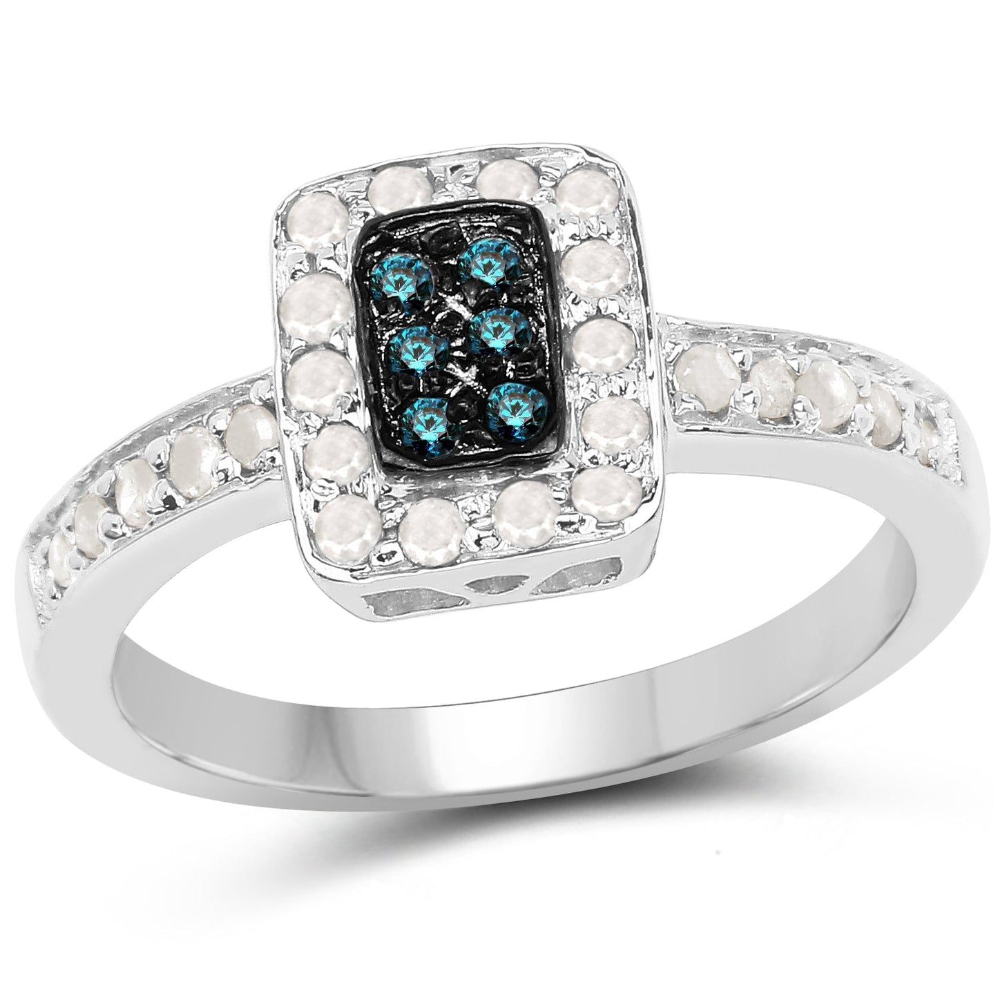 Anillo de plata de ley .925 con diamante azul auténtico de 0.36 quilates y diamantes blancos