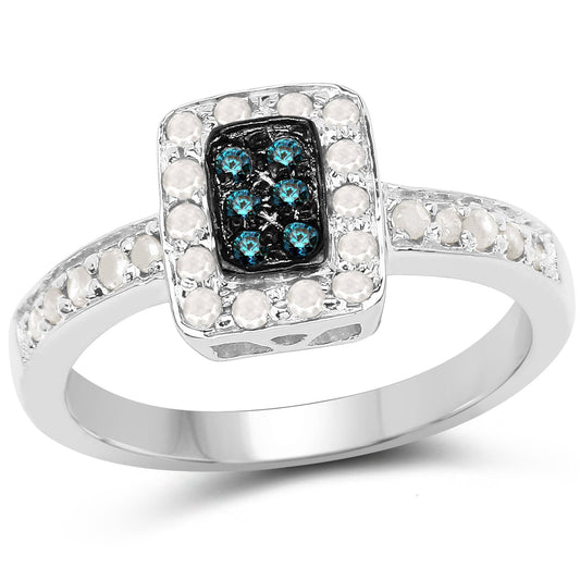 Anillo de plata de ley .925 con diamante azul auténtico de 0.36 quilates y diamantes blancos
