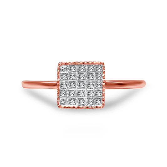 Anillo cuadrado de oro rosa de 10 quilates con diamante de corte princesa de 1/3 quilate (peso total) con engaste invisible para mujer (color H-I, claridad I1-I2) - Talla 7