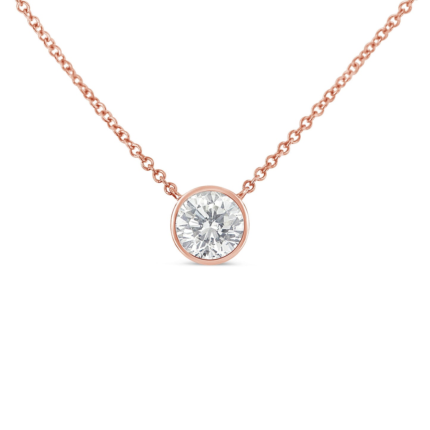 Collar con colgante solitario moderno de oro rosa de 10K con diamante de talla brillante redonda de 1/5 quilate, engaste de bisel, 16"-18" (color H-I, claridad SI2-I1)