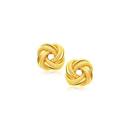 Pendientes de botón nudo de amor entrelazado de oro amarillo de 14k