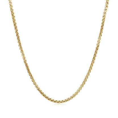 Cadena Box Redonda Sólida de Oro Amarillo de 14k y 1.6 mm