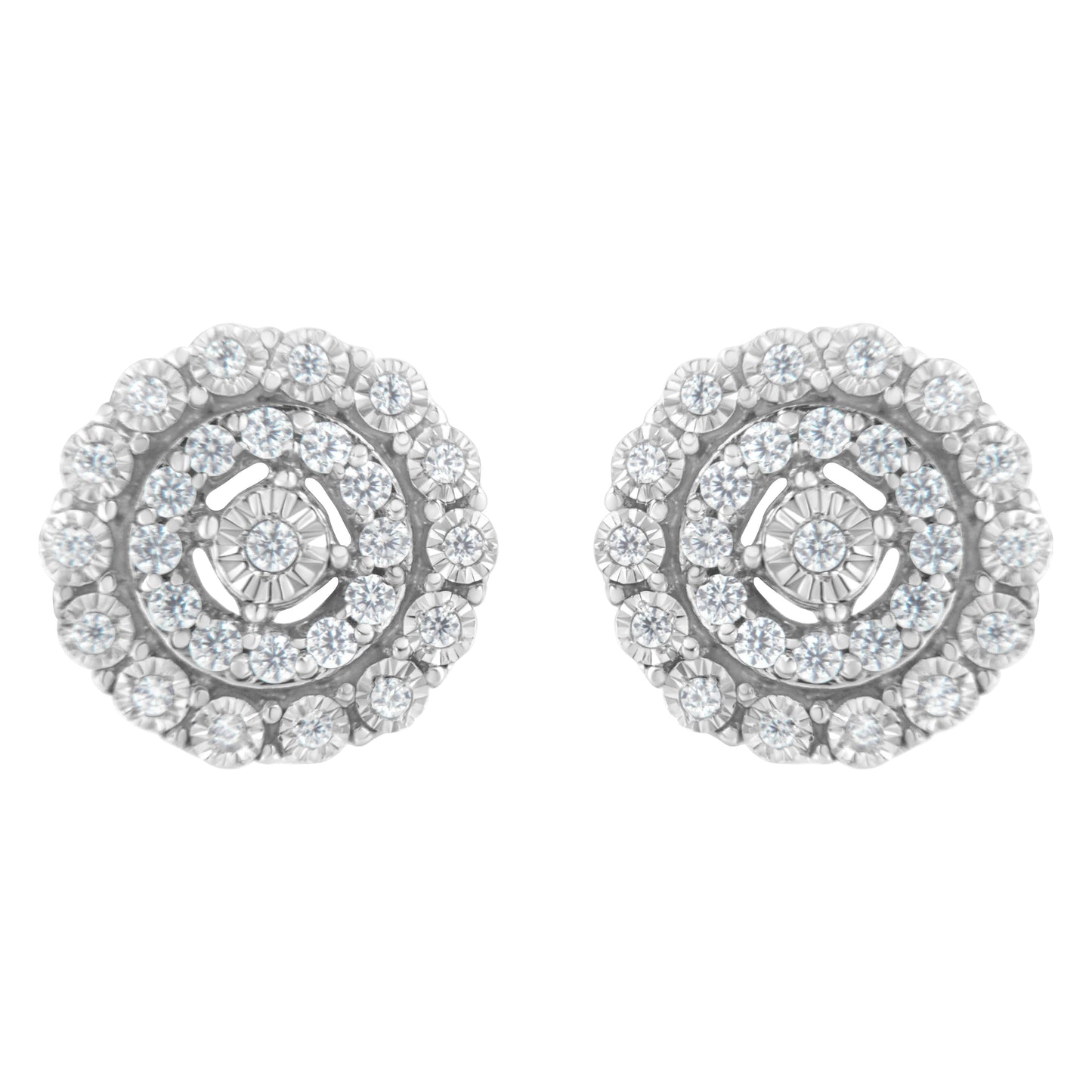 Pendientes de oro blanco de 10 quilates con doble halo de diamantes redondos talla brillante de 0,50 quilates en total (claridad I-J, color I2-I3)