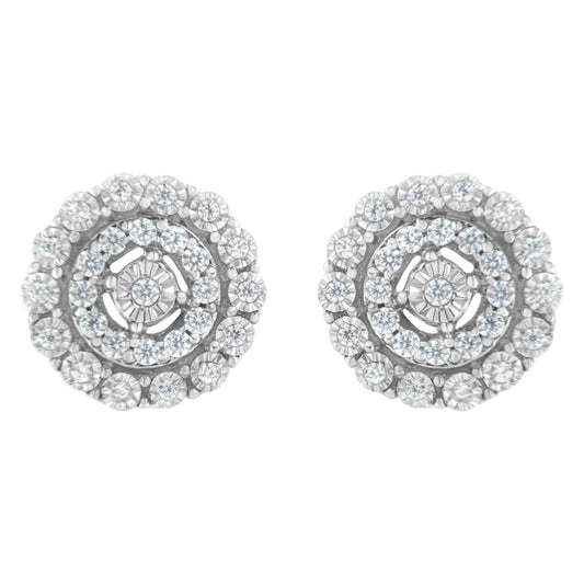 Pendientes de oro blanco de 10 quilates con doble halo de diamantes redondos talla brillante de 0,50 quilates en total (claridad I-J, color I2-I3)