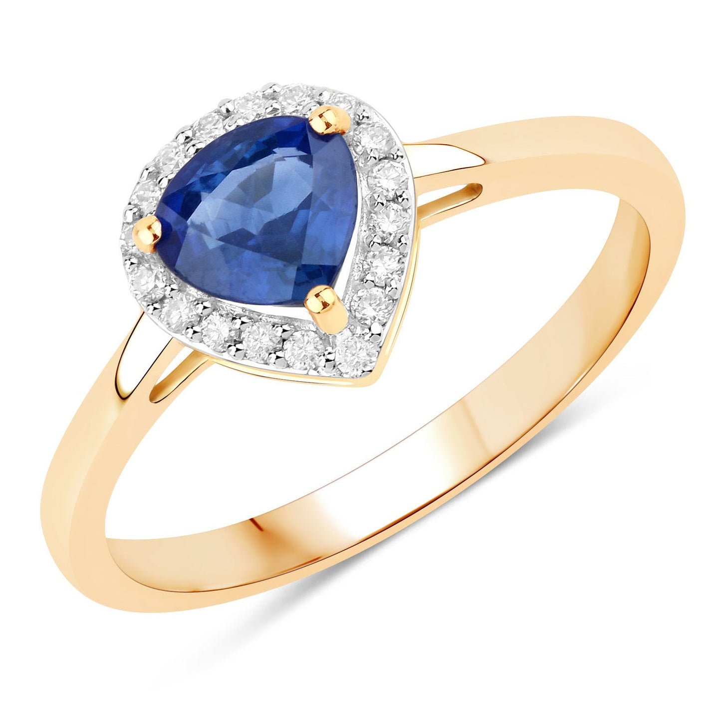 Anillo de oro amarillo de 14 quilates con zafiro azul auténtico de 0,73 quilates y diamante blanco