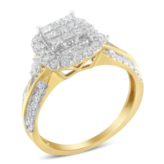 Anillo de compromiso de oro amarillo de 10 quilates con diamantes de 1,0 quilates, halo en forma de cojín y aspecto de 3 bandas (color H-I, claridad SI1-SI2) - Talla 6-1/4