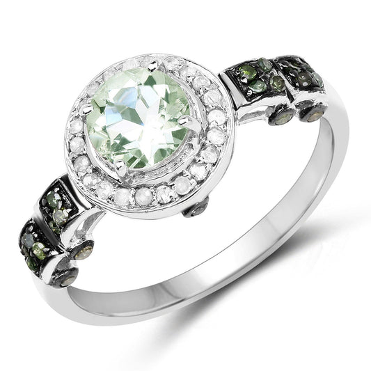 Anillo de plata de ley .925 con amatista verde genuina de 1,07 quilates, diamante verde y diamante blanco