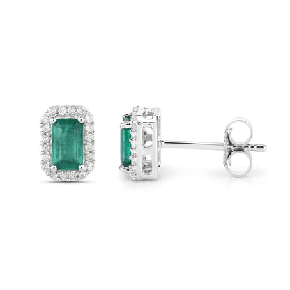 Pendientes de oro blanco de 14 quilates con esmeralda zambiana auténtica de 0,91 quilates y diamantes blancos