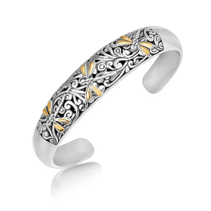 Brazalete de oro amarillo de 18k y plata de ley con libélula y filigranas