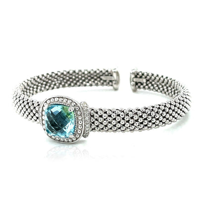 Pulsera Brazalete con Textura de Palomitas de Maíz con Topacio Azul y Diamantes en Plata de Ley
