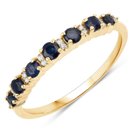 Anillo de oro amarillo de 14K con zafiro azul genuino de 0,43 quilates y diamantes blancos