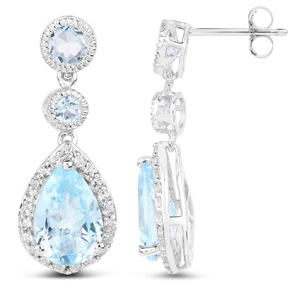 Pendientes de plata de ley .925 con topacio azul genuino de 9,46 quilates y topacio blanco