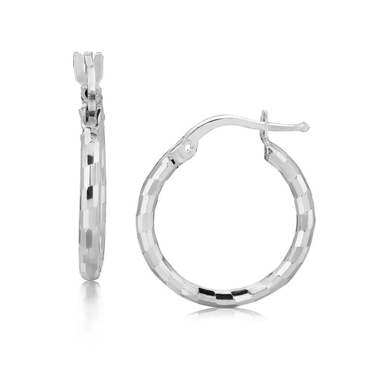 Pendientes de aro pequeños de plata de ley con corte de diamante y baño de rodio (15 mm)