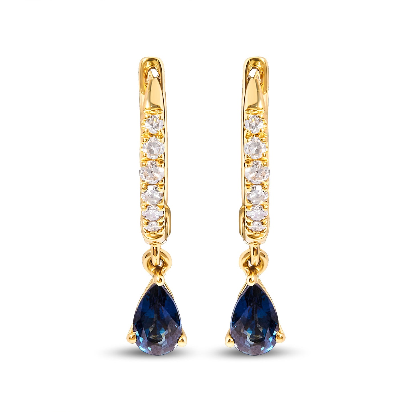 Pendientes de aro tipo Huggie con colgante de gota de zafiro azul con forma de pera de oro amarillo de 10 qt y diamantes de 1/10 ct. (color H-I, claridad I1-I2)