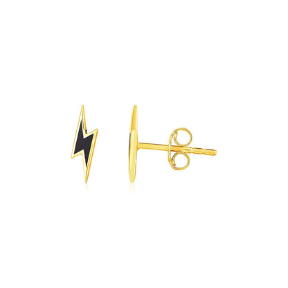 Pendientes de botón con forma de rayo negro de oro amarillo de 14k y esmalte