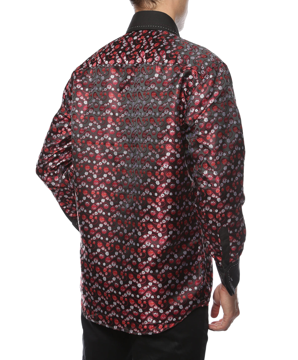 Men's Red & Black Floral Satin Dress Shirt – High Collar, French Cuff | Ferrecci Hi-1001
