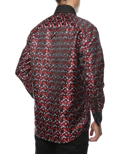 Men's Red & Black Floral Satin Dress Shirt – High Collar, French Cuff | Ferrecci Hi-1001