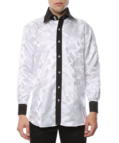 Men's White & Black Floral Satin Dress Shirt – High Collar, French Cuff | Ferrecci Hi-1003