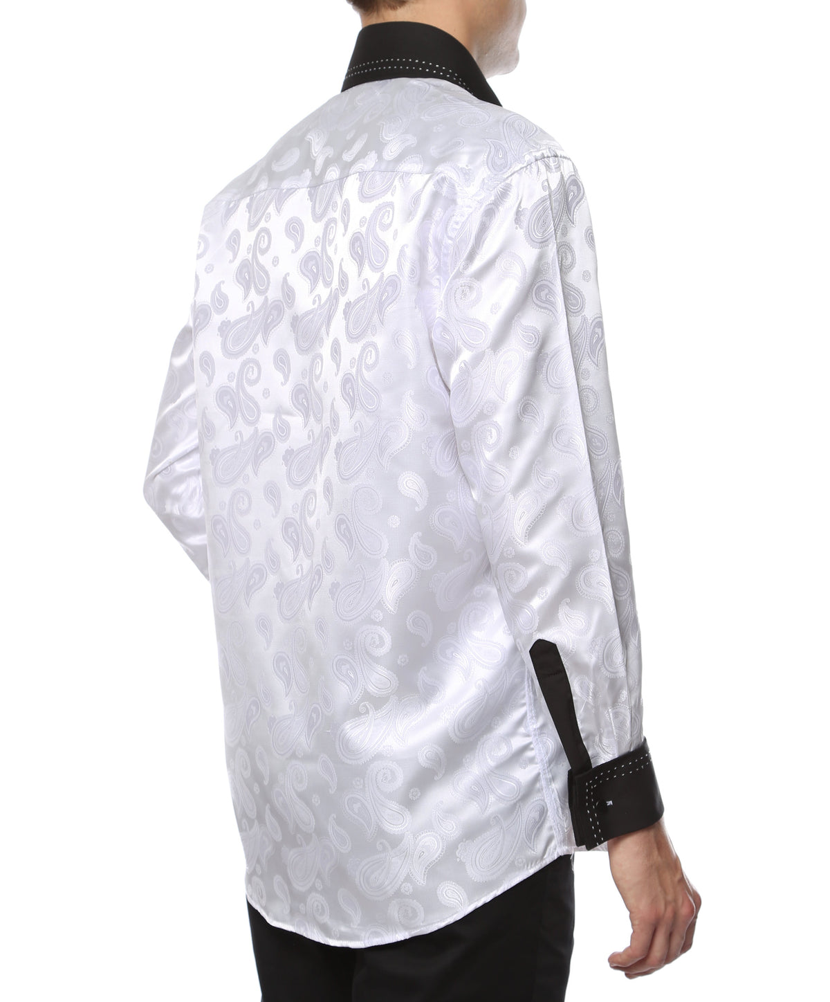 Men's White & Black Floral Satin Dress Shirt – High Collar, French Cuff | Ferrecci Hi-1003