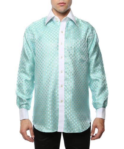 Men's Turquoise Circle Print Satin Dress Shirt – High Collar, French Cuff | Ferrecci Hi-1004