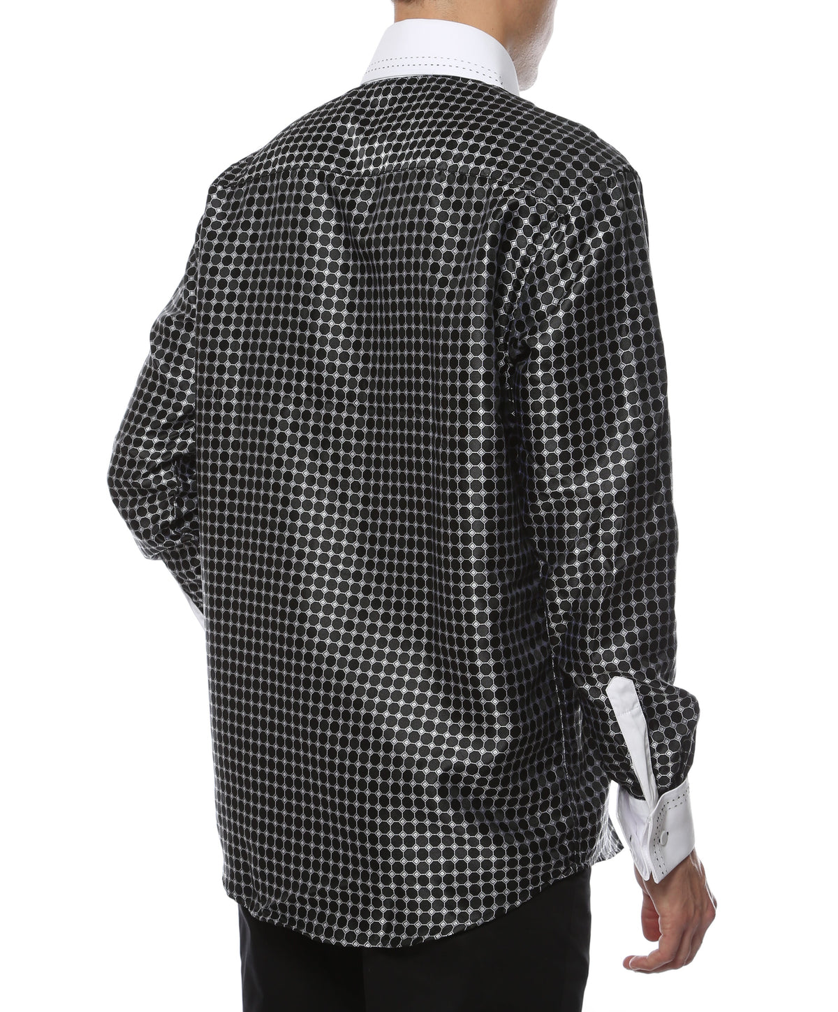 Men's Black Circle Print Satin Dress Shirt – High Collar, French Cuff | Ferrecci Hi-1005