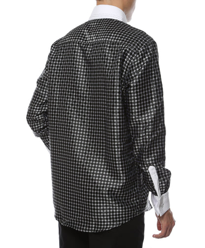 Men's Black Circle Print Satin Dress Shirt – High Collar, French Cuff | Ferrecci Hi-1005