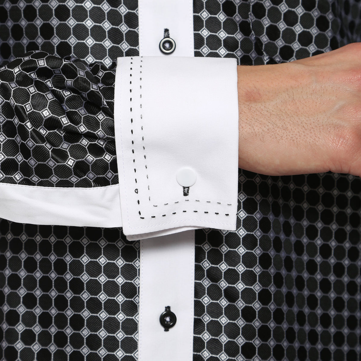 Men's Black Circle Print Satin Dress Shirt – High Collar, French Cuff | Ferrecci Hi-1005