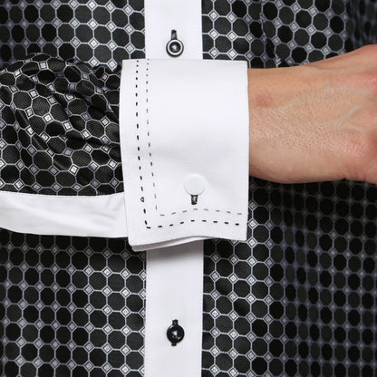 Men's Black Circle Print Satin Dress Shirt – High Collar, French Cuff | Ferrecci Hi-1005