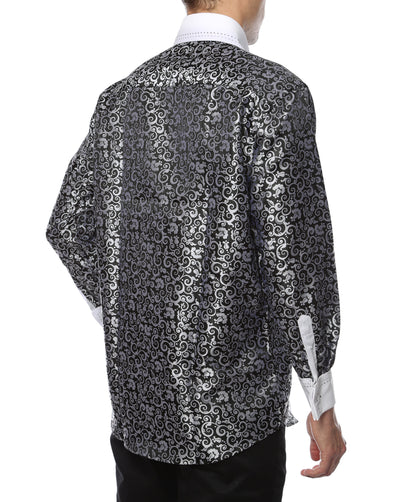 Men's Black & White Baroque Scroll Satin Dress Shirt – High Collar, French Cuff | Ferrecci Hi-1006