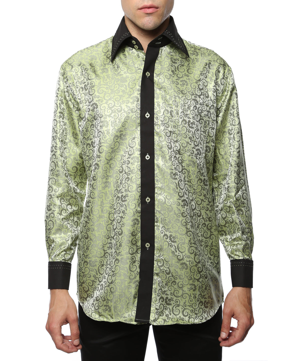 Men's Green Baroque Scroll Satin Dress Shirt – High Collar, French Cuff | Ferrecci Hi-1008