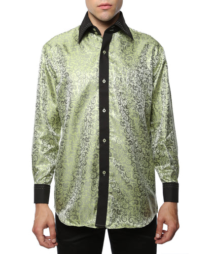Men's Green Baroque Scroll Satin Dress Shirt – High Collar, French Cuff | Ferrecci Hi-1008