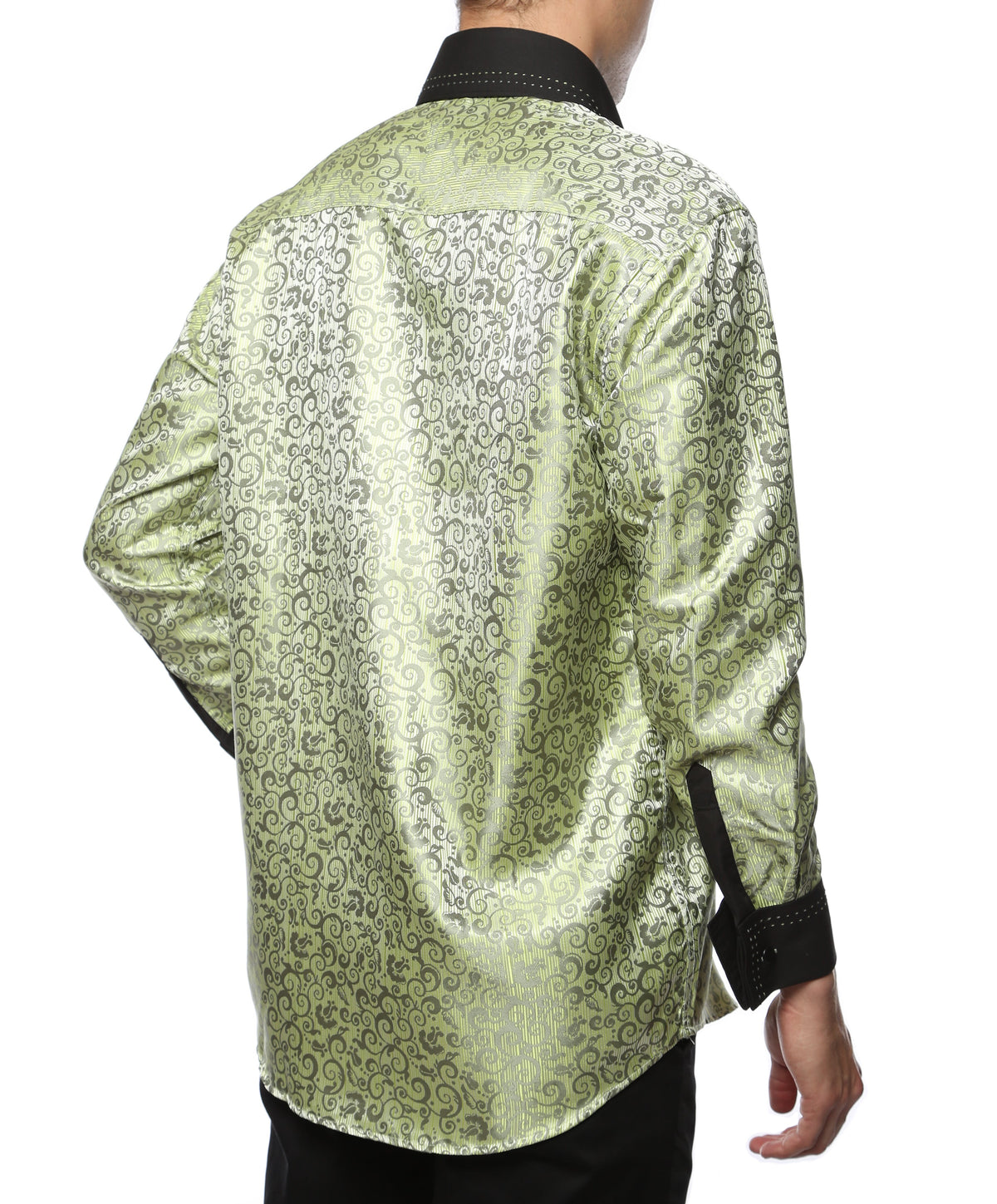 Men's Green Baroque Scroll Satin Dress Shirt – High Collar, French Cuff | Ferrecci Hi-1008