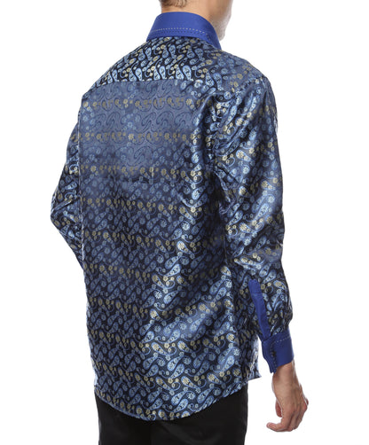 Men's Blue Paisley Floral Satin Dress Shirt – High Collar, French Cuff | Ferrecci Hi-1009
