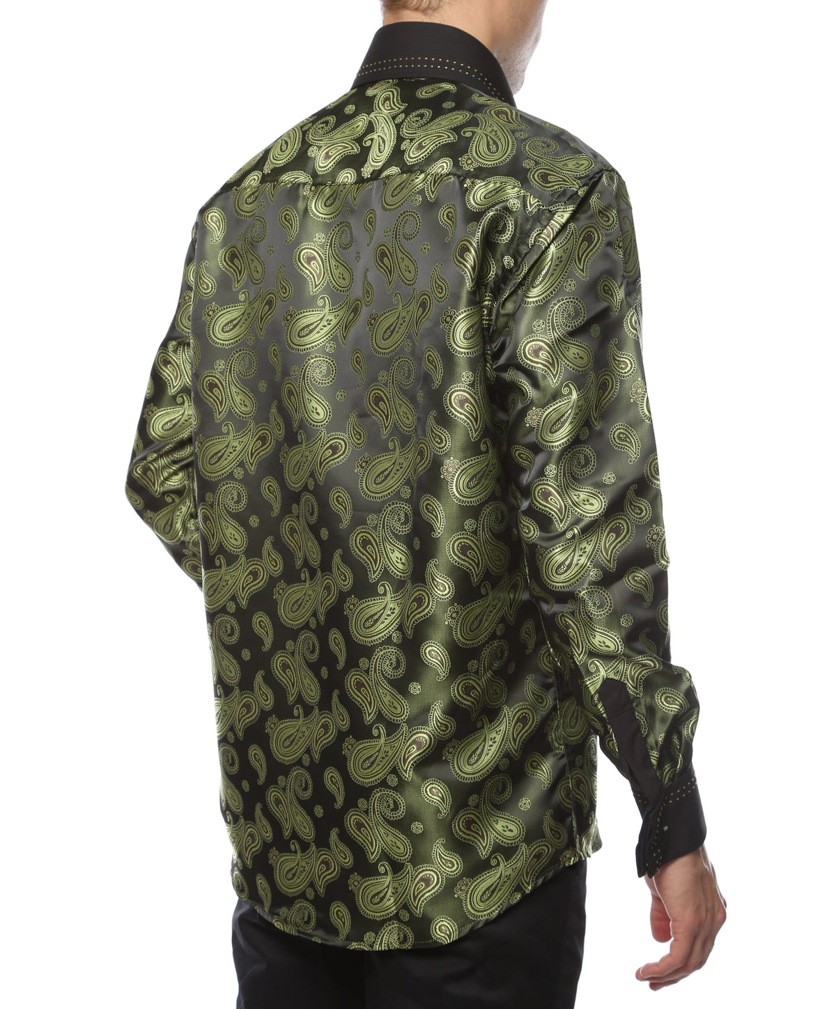 Men's Green Paisley Satin Dress Shirt – High Collar, French Cuff | Ferrecci Hi-1010