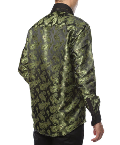 Men's Green Paisley Satin Dress Shirt – High Collar, French Cuff | Ferrecci Hi-1010