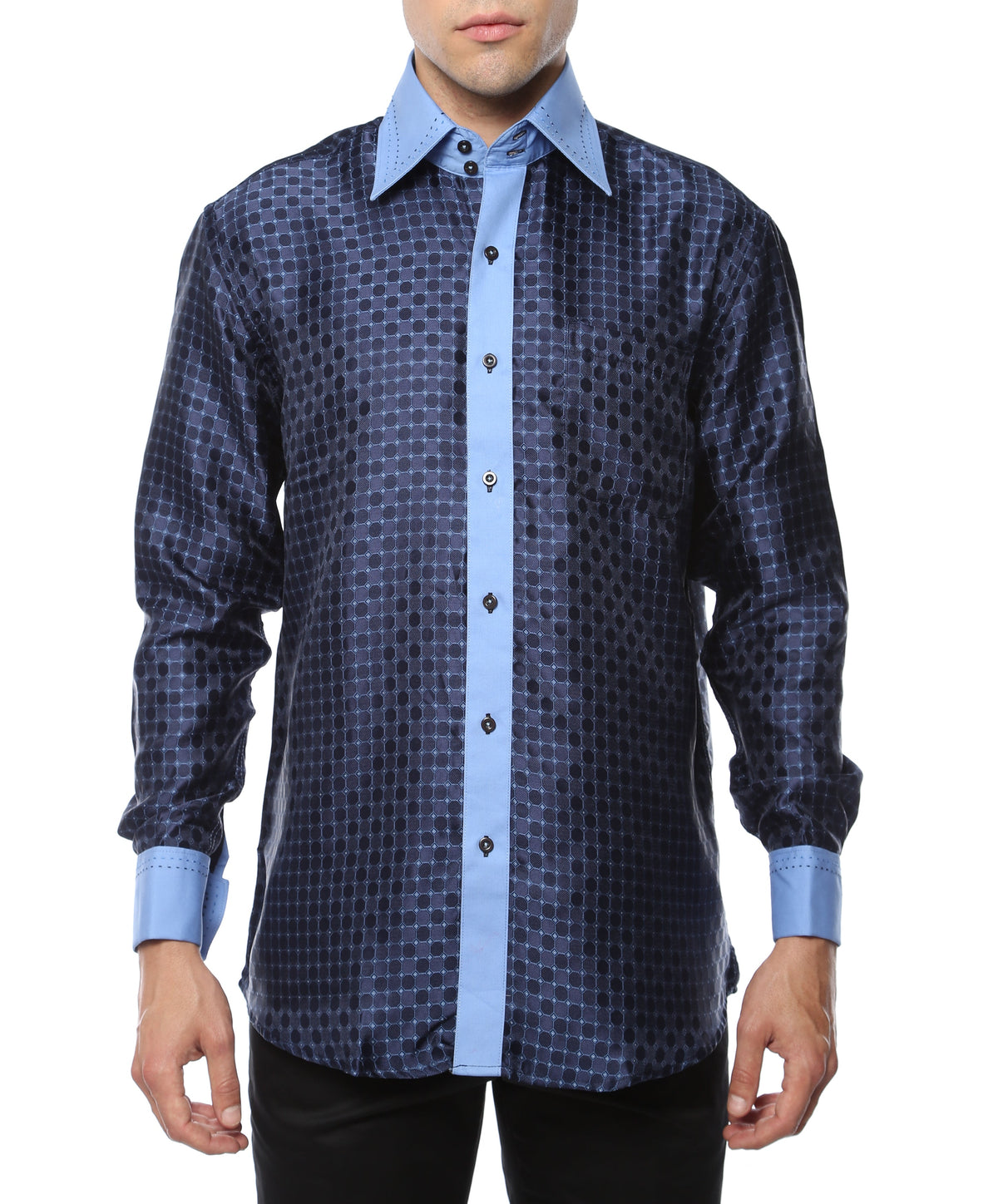Men's Blue Circle Print Satin Dress Shirt – High Collar, French Cuff | Ferrecci Hi-1011