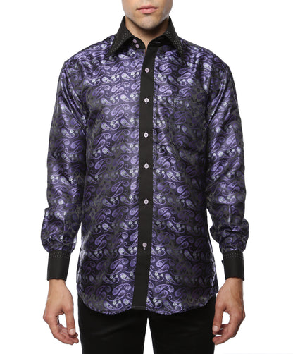 Men's Purple & Black Floral Satin Dress Shirt – High Collar, French Cuff | Ferrecci Hi-1013