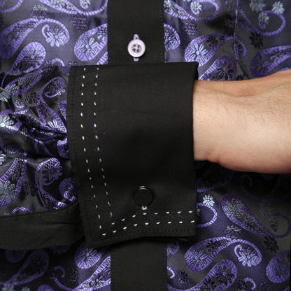 Men's Purple & Black Floral Satin Dress Shirt – High Collar, French Cuff | Ferrecci Hi-1013