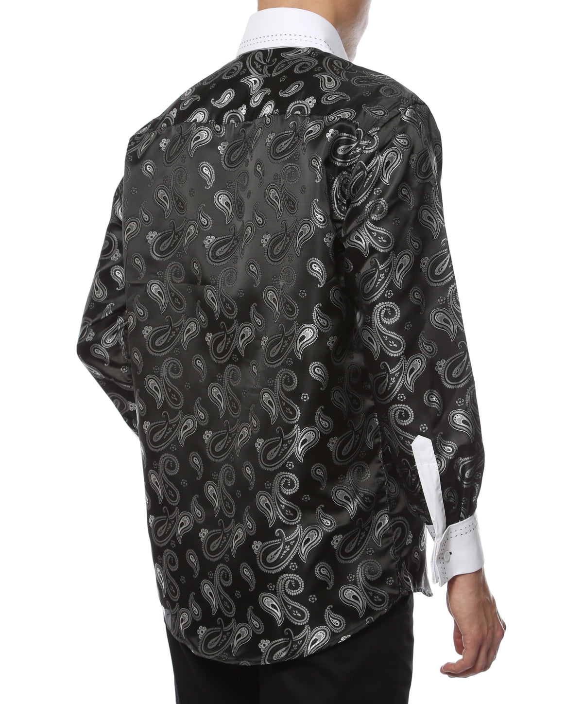 Men's White & Black Paisley Satin Dress Shirt – High Collar, French Cuff | Ferrecci Hi-1014