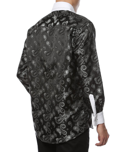 Men's White & Black Paisley Satin Dress Shirt – High Collar, French Cuff | Ferrecci Hi-1014