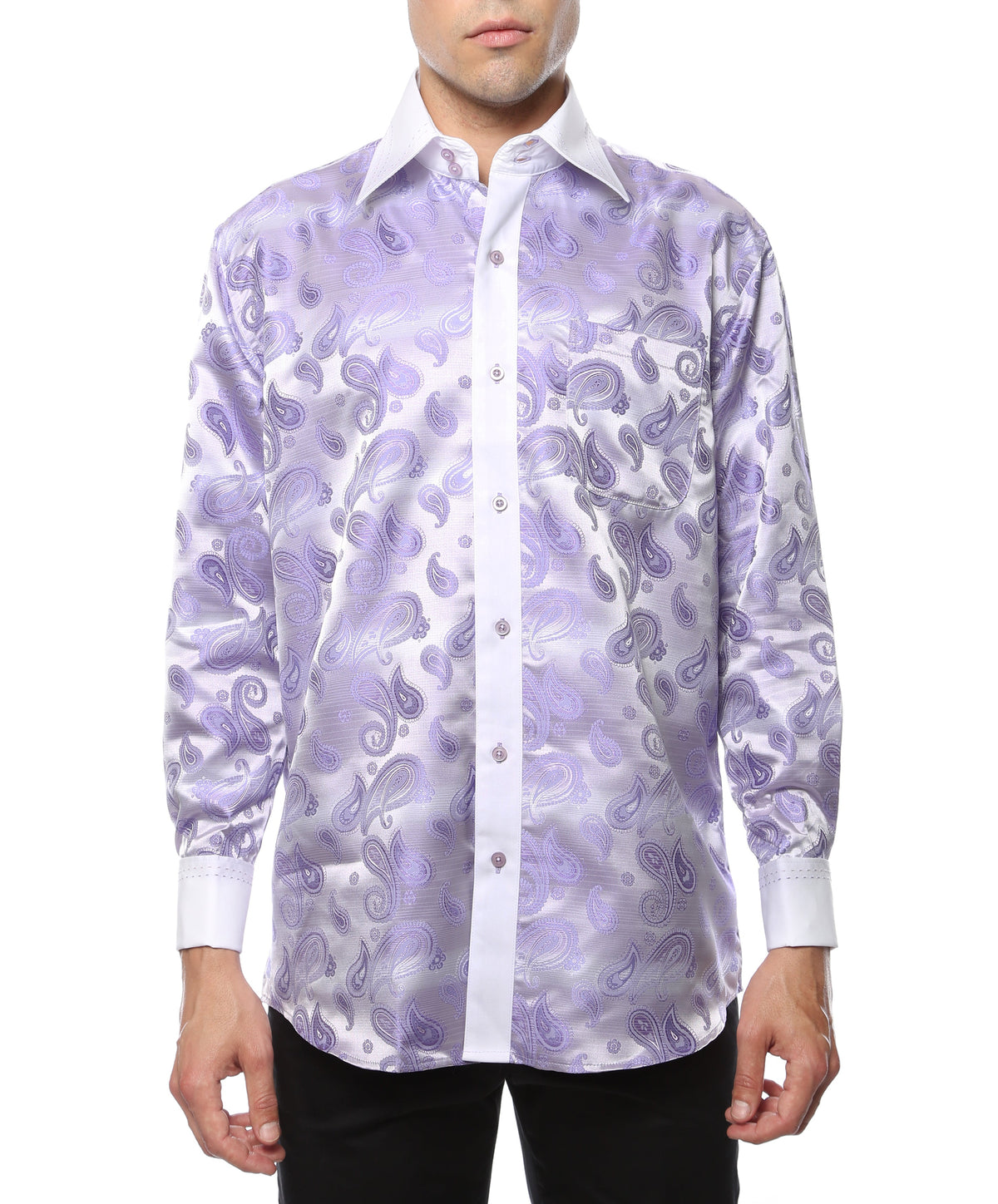 Men's Purple & Lilac Paisley Satin Dress Shirt – High Collar, French Cuff | Ferrecci Hi-1016