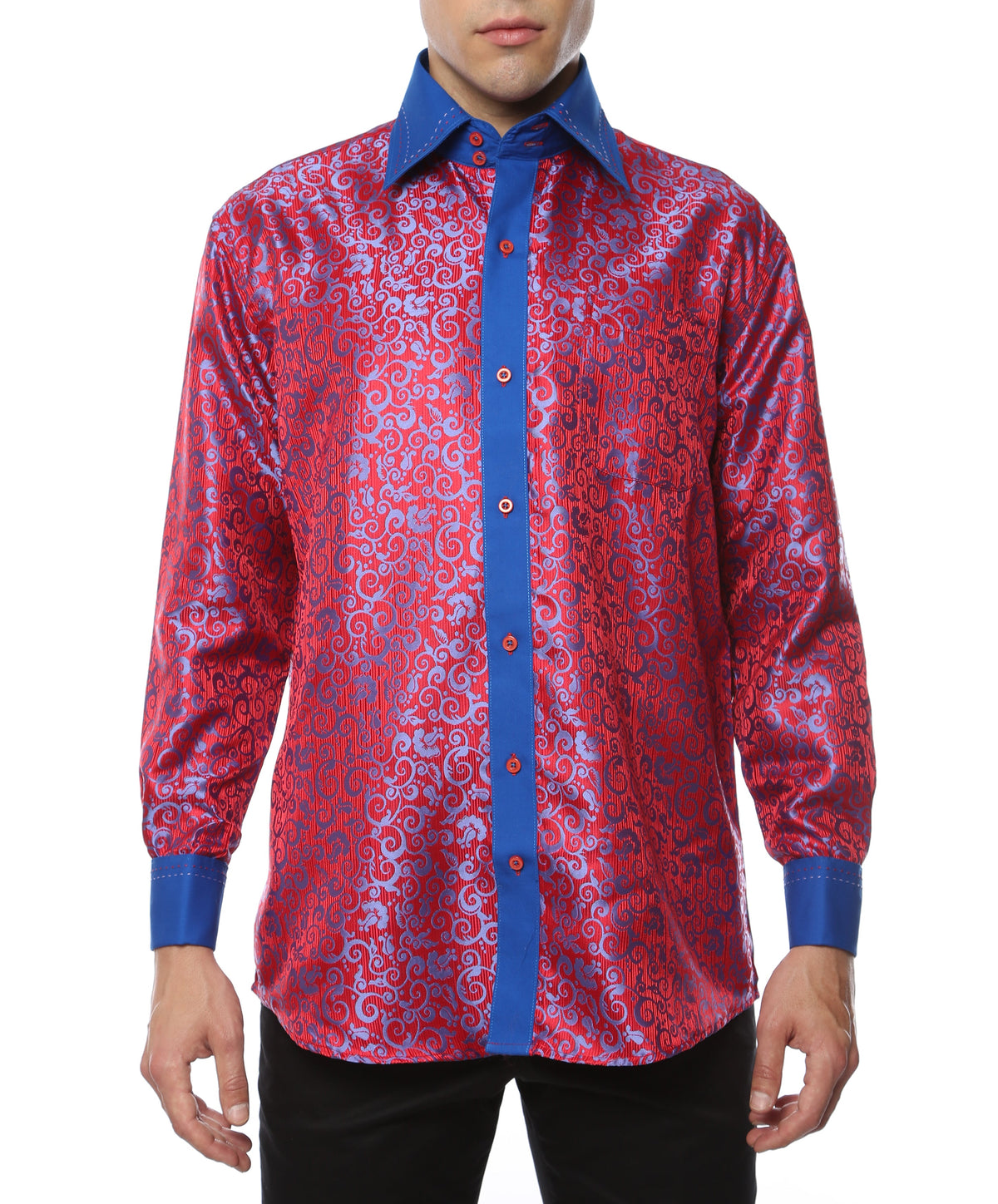 Men's Red & Blue Baroque Scroll Satin Dress Shirt – High Collar, French Cuff | Ferrecci Hi-1017