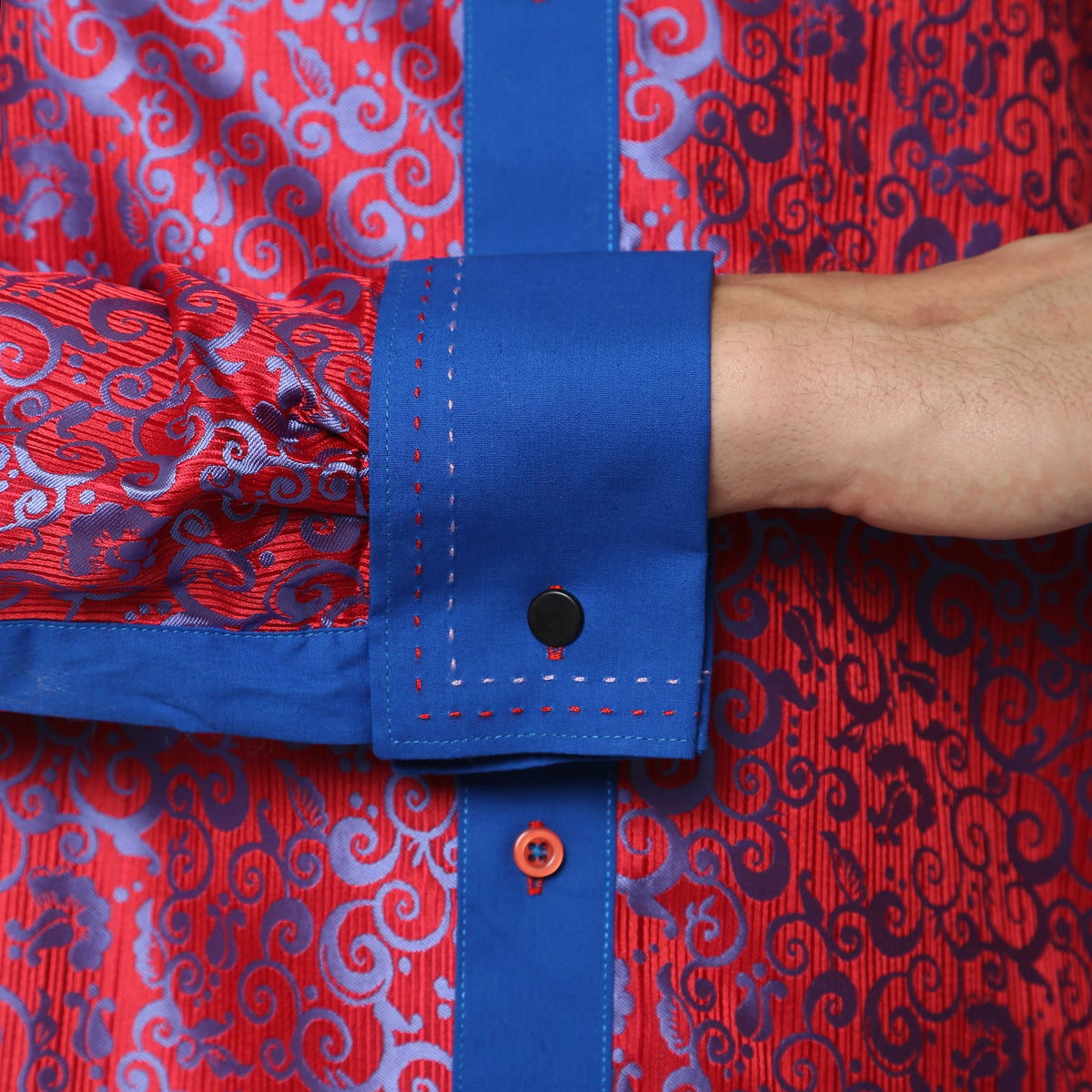 Men's Red & Blue Baroque Scroll Satin Dress Shirt – High Collar, French Cuff | Ferrecci Hi-1017