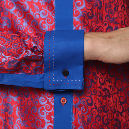 Men's Red & Blue Baroque Scroll Satin Dress Shirt – High Collar, French Cuff | Ferrecci Hi-1017