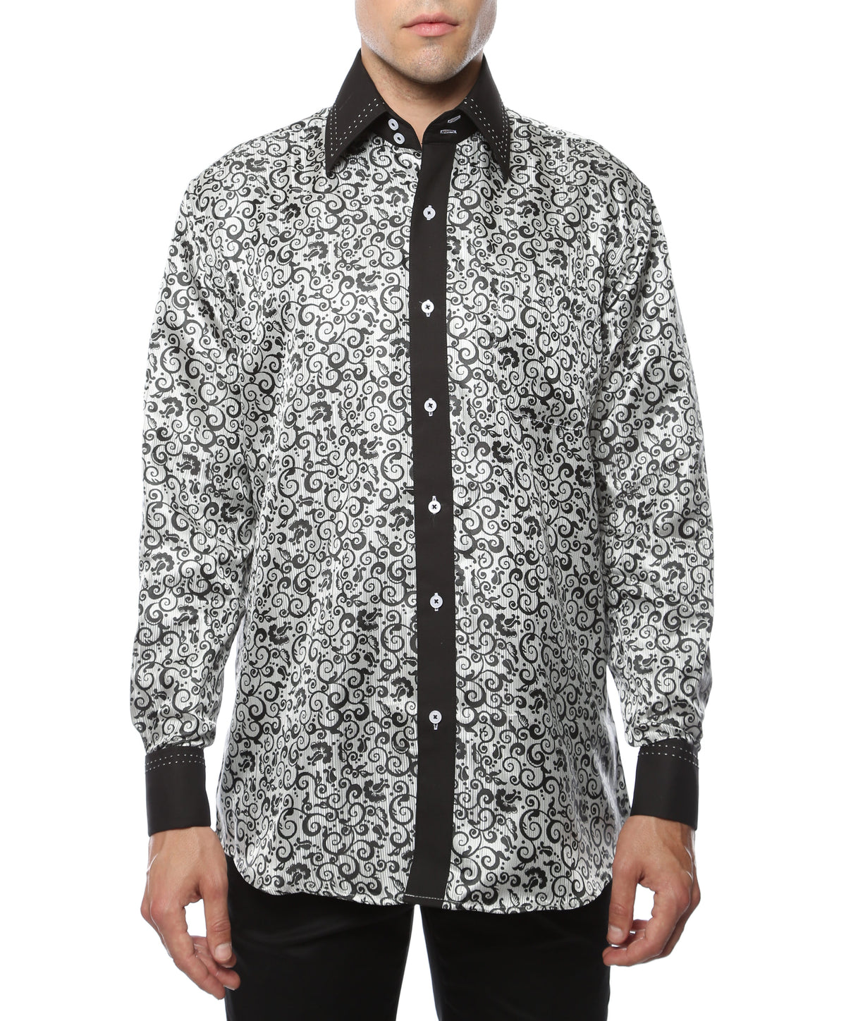 Men's Black & White Baroque Scroll Satin Dress Shirt – High Collar, French Cuff | Ferrecci Hi-1021